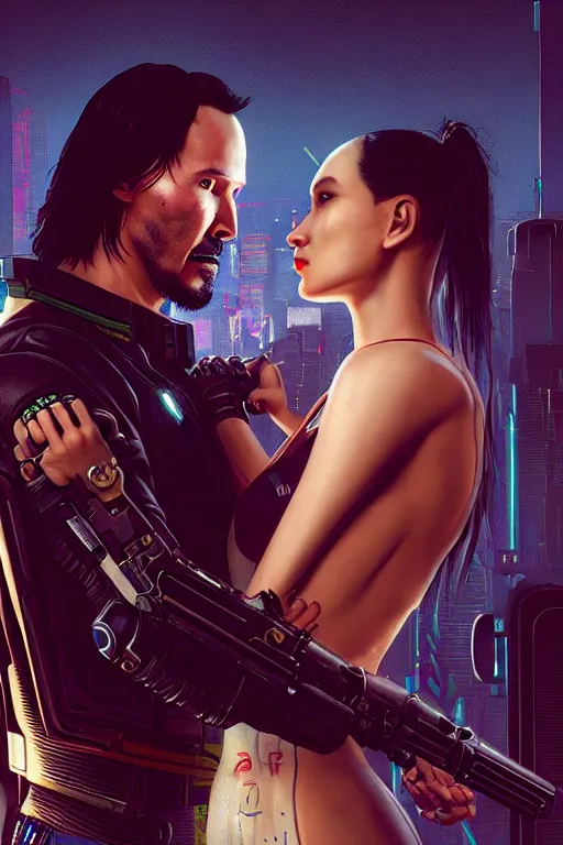 Prompt: a cyberpunk 2077 couple portrait of Keanu Reeves & female android final kiss in the night city,love,by Laurie Greasley,Lawrence Alma-Tadema,Dan Mumford,Andrei Riabovitchev,John Wick,Replicas,artstation,deviantart,FAN ART,Digital painting,face enhance,highly detailed,8K,octane,golden ratio,cinematic lighting