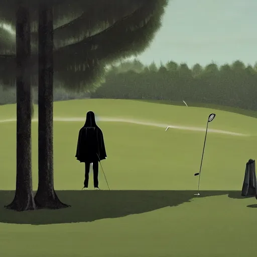 Image similar to the grim reaper standing stoic in black robe, waiting patiently, on a golf course while people play golf, perfect composition, by edmond leighton, simon stalenhag