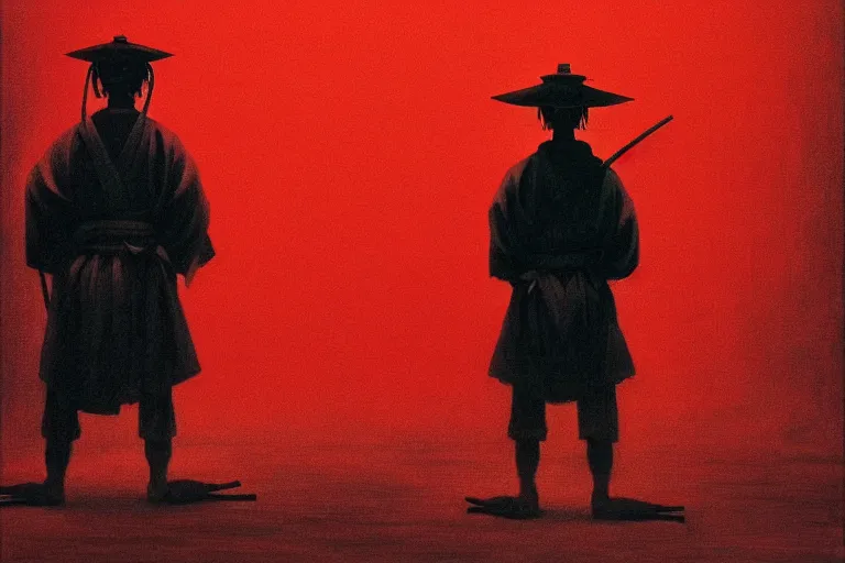 Image similar to only with red, a red samurai harakiri, tokio, a lot of frogs watch, in the style of beksinski, parts by edward hopper, parts by rodcenko, parts by yue minjun, intricate and epic composition, red by caravaggio, insanely quality, highly detailed, masterpiece, red light, artstation, 4 k