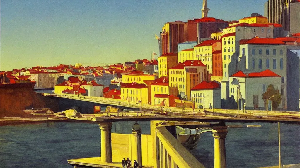 Prompt: Street art. paralyzed by the indescribable beauty of the cosmos. amazing view of city of Lisbon from the other side of the river. art style by Edward Hopper daring, incredible