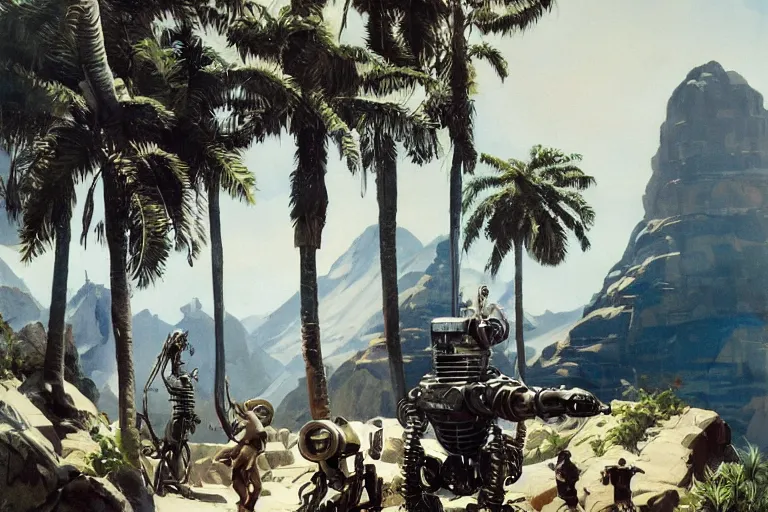 Image similar to natural american landscape | robot repairing another robot | palm trees | snowy mountains, painting by syd mead and weta studio and james jean, frank frazetta, highly detailed, rule of third, soft lighting, 8 k resolution, oil on canvas, architectural magazine, beautiful detailed, insanely intricate details, artstation trending, hypermaximalistic, high details, cinematic