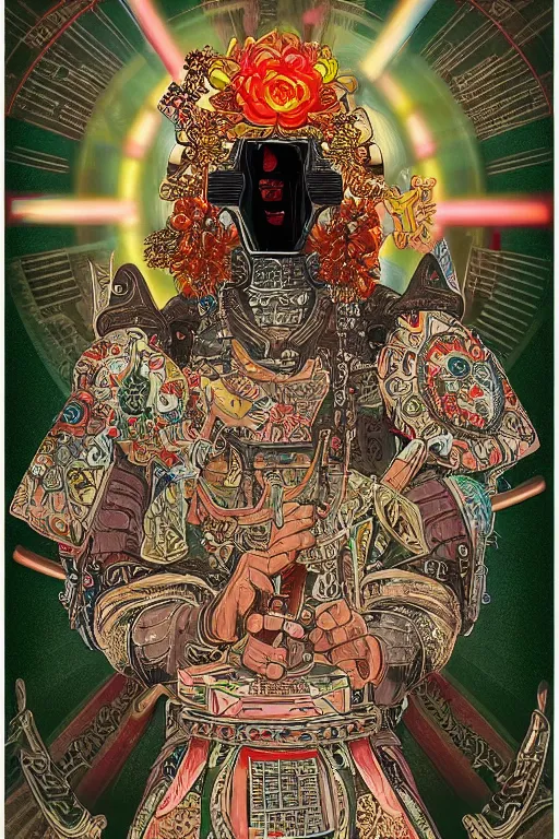 Prompt: opalescent retrofuturistic digital airbrush illustration of a samurai wearing an ornate microprocessor headpiece and holding a flower with a map of the collective subconscious in the background by luigi patrignani