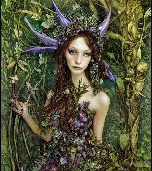 Image similar to fey queen of the summer forest, dress of leaves, fine features, thin, young, silver shimmering hair, by brian froud, stars, night colors, oil on canvas, oil panting