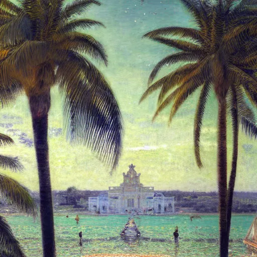 Image similar to a ultradetailed beautiful painting of the amazonas palace balustrade designed by jules bastien - lepage, hans belmer, frank weston and gustave baumann, beach, trending on artstation, mediterranean, palm trees, refracted color sparkles, sharp focus, soft light, 8 k 4 k