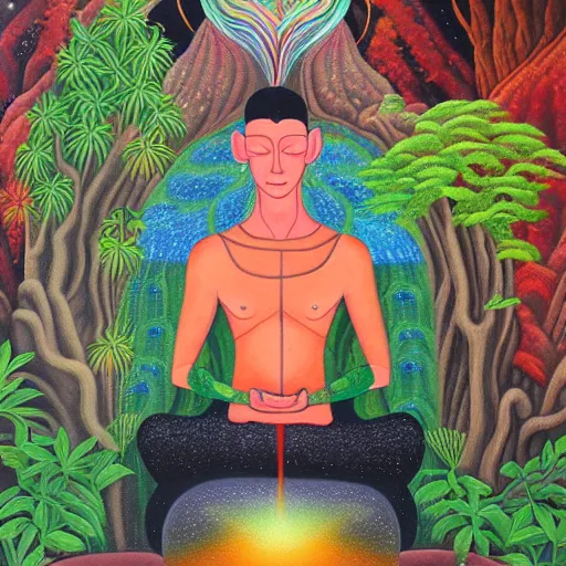 Prompt: an anthromorphic monkey man meditating in a zen garden with a waterfall, by amanda clark and amanda sage in a psychedelic style, oil on canvas