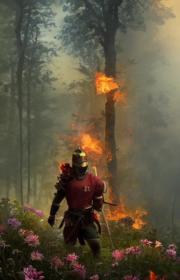 Image similar to a knight among flowers in dark forest surrounded by fire and smoke, moody, rim light, dynamic lighting, cinematic shot, gritty, ultra - detail, renderman, physically based render, greg olsen and liz lemon swindle