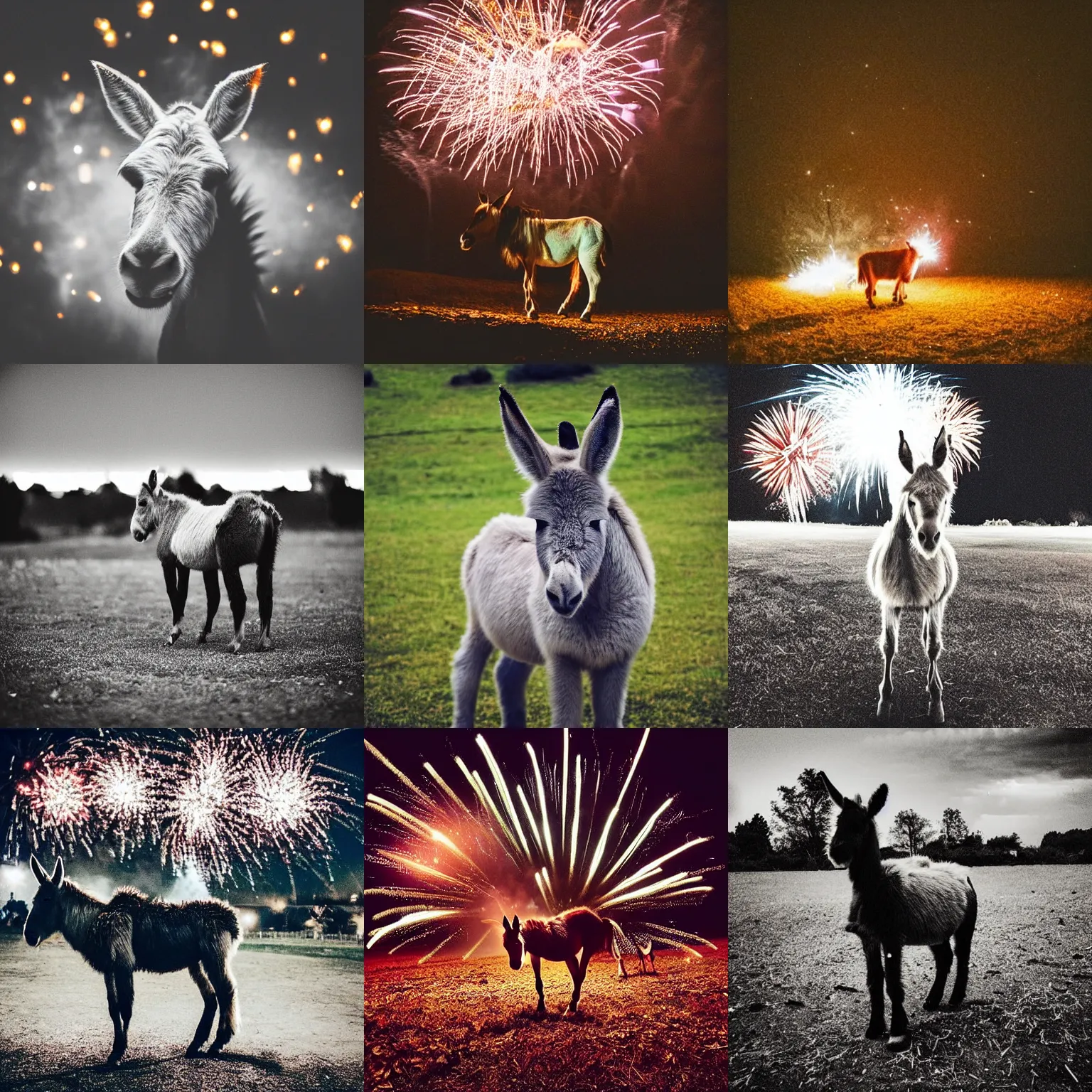 Prompt: “exploding fireworks fireworks in the night night night sky raining down embers and sparks and brightly burning pieces falling from the sky, a pale donkey stands in a field in the darkness. Photography. Flash photo. Cursed image.”