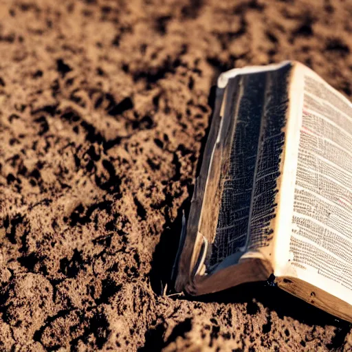 Image similar to a bible half buried and dusty in the ground, seen in a 7 0 mm macro lens