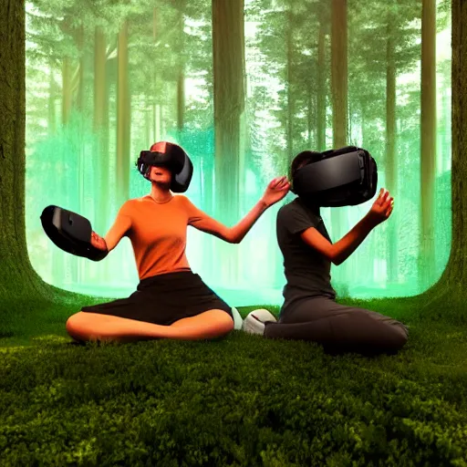 Image similar to duo playing music using futuristic VR headset instruments in a forest, in the style of artgerm, Ryoji Ikeda, Riyoko Ikeda, 3d render, artstation trending, 8k, photorealistic, sharp detail