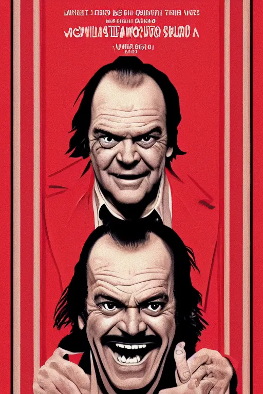 Image similar to a movie poster for the film the shining featuring a prominent portrait of jack nicholson and a stylised elevator in the style of wes anderson.