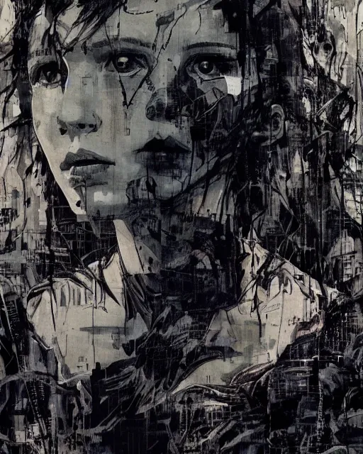 Prompt: Portrait of Millie Bobby Brown in a jungle of lightning by Yoji Shinkawa