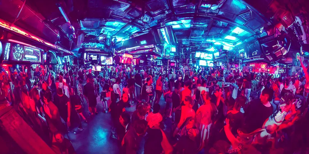 Prompt: a high quality wide angle photo inside the rave dance club of a futuristic cyberpunk city, dark, crowded, drinks, dancing, neon lights, realism, 8k