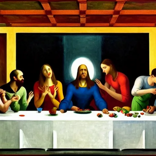 Prompt: 1942 oil on canvas painting by Edward Hopper, the last supper