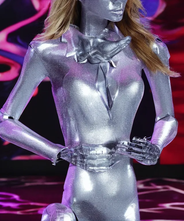 Prompt: tv shows a victoria's secret model, in front of tv a silver robot is watching the tv and its head is partially morphed into the model, realistic, 4 k