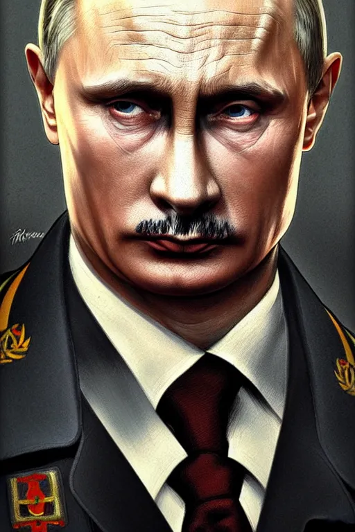 Image similar to vladimir putin as hitler, realistic portrait, symmetrical, highly detailed, digital painting, artstation, concept art, smooth, sharp focus, illustration, cinematic lighting, art by artgerm and greg rutkowski and alphonse mucha