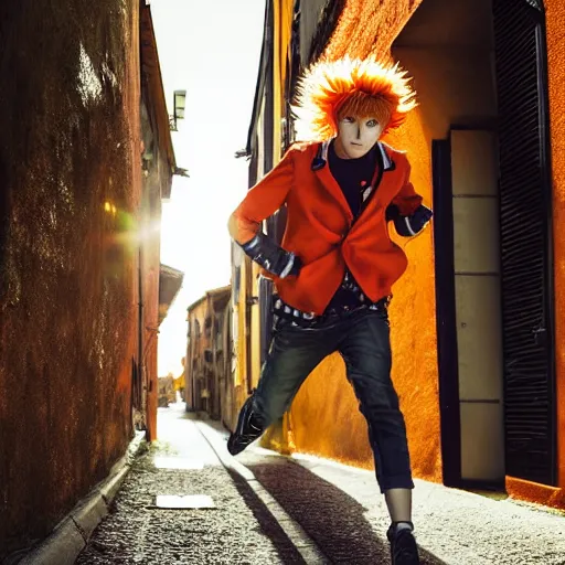 Image similar to orange - haired anime boy, 1 7 - year - old anime boy with wild spiky hair, wearing red jacket, running through italian town, yellow sunshine, sepia sun, strong lighting, vivid lighting, ultra - realistic, sharp details, subsurface scattering, intricate details, hd anime, 2 0 1 9 anime