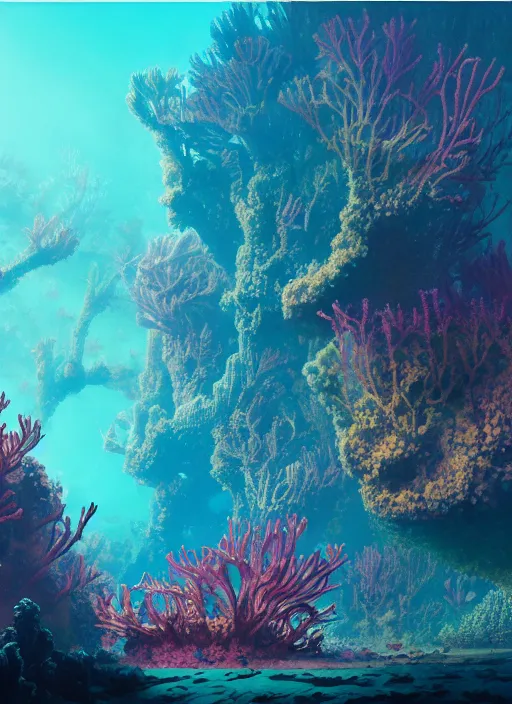 Prompt: a post - minimalism landscape of a underwater coral paradise with very long legs vibrant color scheme, highly detailed, in the style of romanticism, cinematic, artstation, moebius, greg rutkowski