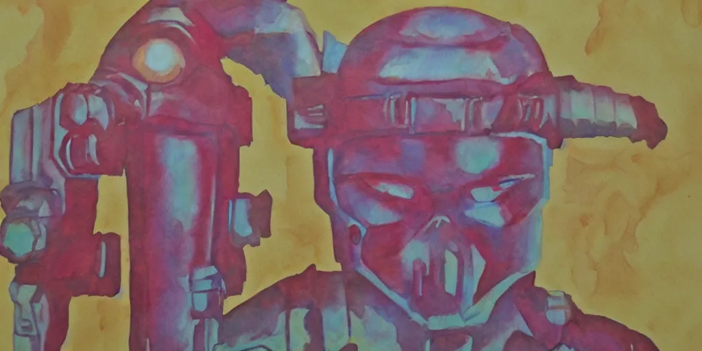 Image similar to doomguy watercolor art pastel colors pergament paper