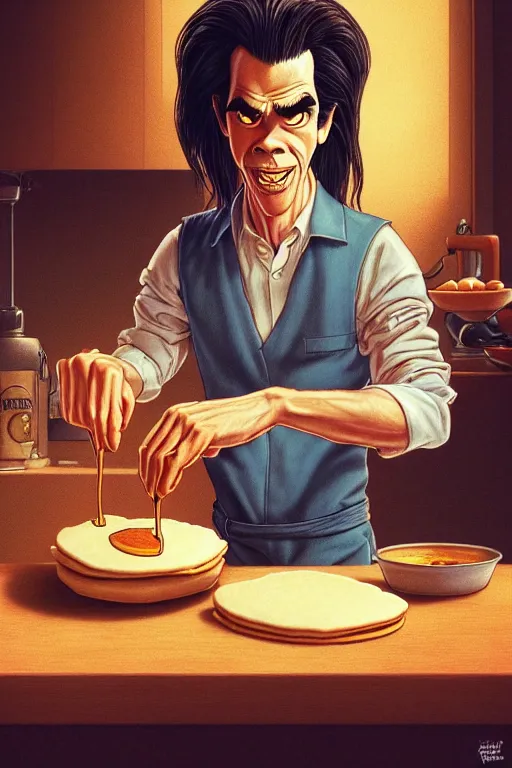 Image similar to 1 9 8 5 nick cave making pancakes, animation pixar style, by pendleton ward, magali villeneuve, artgerm, rob rey and kentaro miura style, golden ratio, trending on art station