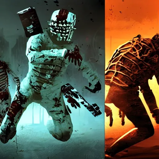 Image similar to minimalist dead space, battling zombies, high fidelity, highly detailed, gruesome