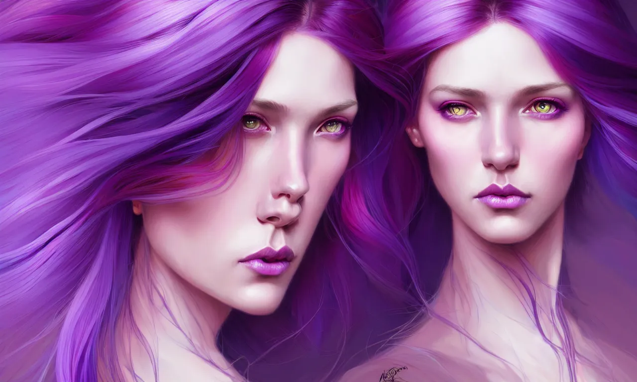 Image similar to Portrait of a woman with bright colored flying hair, all shades of purple. Hair coloring, amber eyes, face, long hair, fantasy, intricate, elegant, highly detailed, digital painting, artstation, concept art, smooth, sharp focus, illustration, art by artgerm and greg rutkowski and alphonse mucha