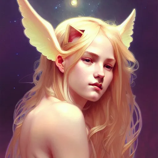 Image similar to Portrait of a girl angel with blonde hair, cat ears, glowing halo, wings, fantasy, intricate, elegant, highly detailed, digital painting, artstation, concept art, smooth, sharp focus, illustration, art by Krenz Cushart and Artem Demura and alphonse mucha