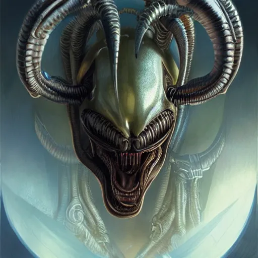 Image similar to Portrait of a xenomorph from alien, intricate, highly detailed, digital painting, artstation, concept art, 8k, smooth, sharp focus, illustration, art by artgerm and greg rutkowski and alphonse mucha