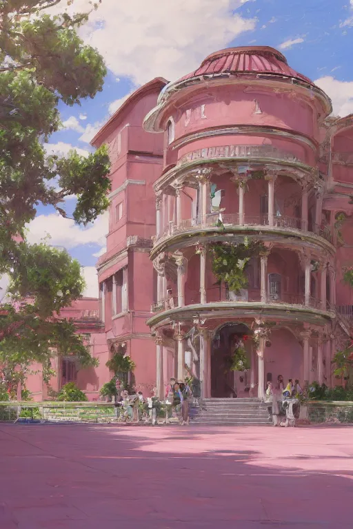 Image similar to painting of ouran highschool host club academy, front view, calm, afternoon day, roman architecture, pink marble building, dynamic lighting, landscape, bright, artwork by jeremy lipkin and giuseppe dangelico pino and michael garmash and rob rey and greg manchess and huang guangjian and makoto shinkai, pixiv, sharp edges, simple form, 1 0 0 mm