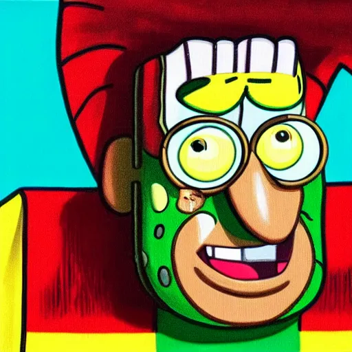 Image similar to nic cage as spongebob squarepants, buff, painted portrait, highly detailed,