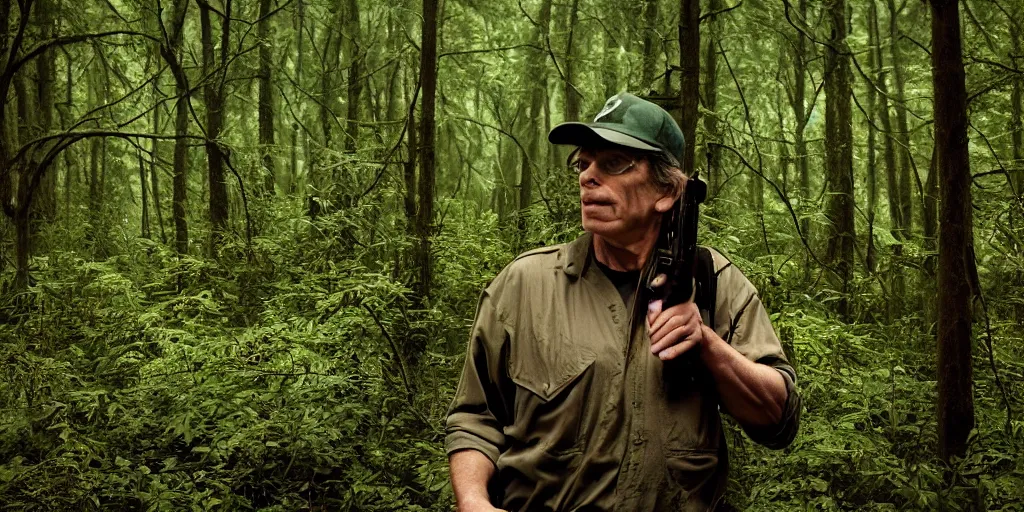 Prompt: cinematic photograph of a man with a baseball hat and a rifle standing in a dark lush forest, apprehensive, awaiting doom, 1 9 8 0 s stephen king atmosphere,