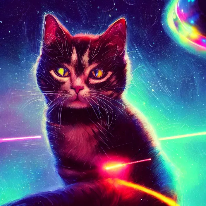 Prompt: cinematic portrait of a cute cat in space, neon lasers, chalk, masterpiece, trending on artstation, featured on pixiv, cinematic composition, dramatic pose, beautiful lighting, sharp details, hyper - detailed, hd, hdr, 4 k, 8 k, art by basil gogos