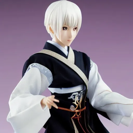 Image similar to a japanese princess young lady, with white hair and bangs!!!! beauty, anime action figure, well lit, studio light, painted action figure, toy advertisement