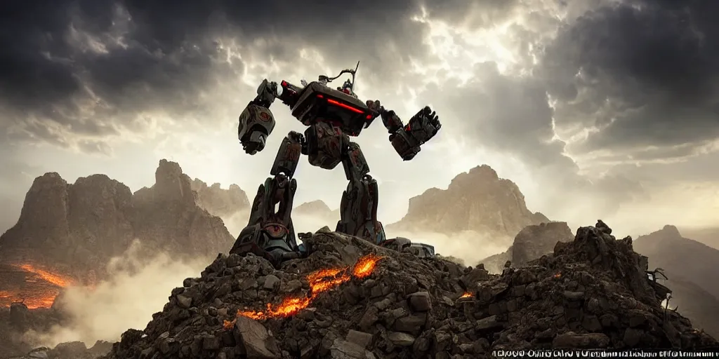 Image similar to amazing photo of a giant ancient robot of doom rising up out of a mountain sending rubble and rocks tumbling down it sides, clouds of dust and rock kick up into the air and spread across into the nearby city , epic scale , unimaginable power and wonder, awe, cinematic, high detail design robot ancient