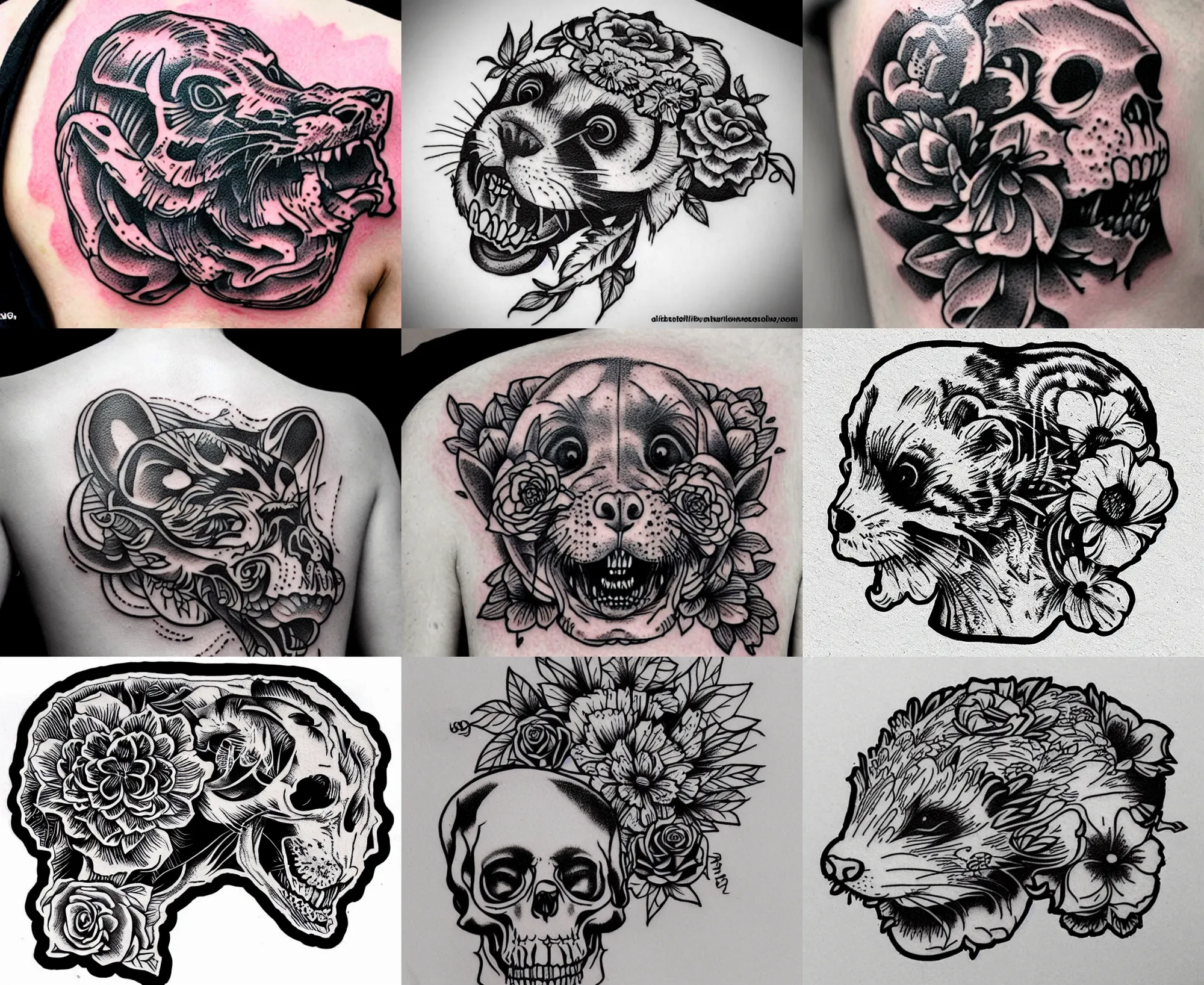 Image similar to detailed amazing tattoo stencil of a floral ferret crawling on a human skull