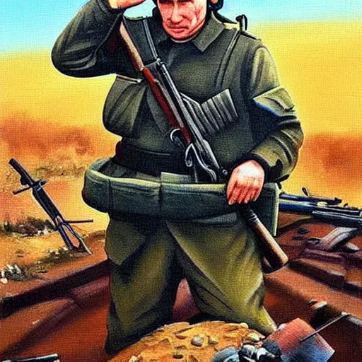 Image similar to Putin is sitting in the trenches and defending himself from Ukrainian troops, Retro futuristic painting style