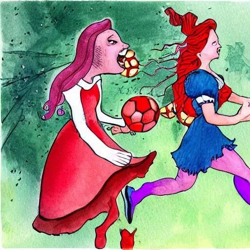 Image similar to action shot of alice from wonderland kicking the head of the red queen like a soccer ball the red queen has comical exes for eyes and her tongue is hanging out, illustration from a children's book, illustration in watercolor