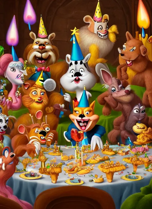 Image similar to highly detailed group closeup portrait of max fleischer cartoon animals having a birthday party banquet in a castle, unreal engine, max fleischer, nicoletta ceccoli, mark ryden, earl norem, lostfish, global illumination, god rays, detailed and intricate environment