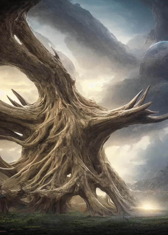 Prompt: a highly detailed matte painting of colossal stone antler roots grasping an entire planet, 8 k hd, concept art, artstation, deviantart, cg society,