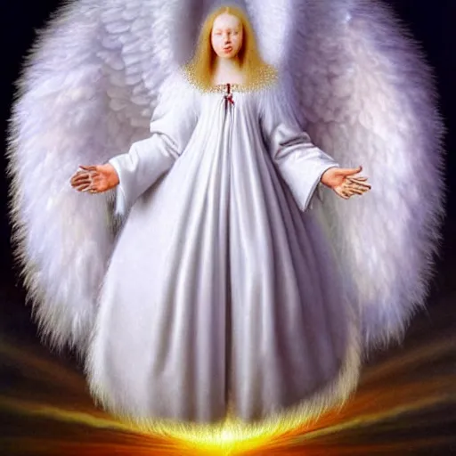 Image similar to highdetailed hyperrealistic painting of white angel!!! no gender!!!, giant ball of miracle light from the chest!!!!!, white sparkles everywhere, 4 k hd fur face!!!, big wings, by jan van eyck, holography space, glow effect, large strokes, white monochrome color!!!!!