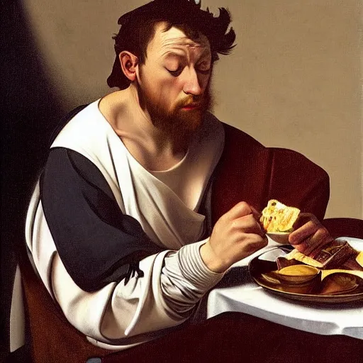 Prompt: sleepy dude, eating breakfast, and scrolling twitter on his phone. In style of Caravaggio