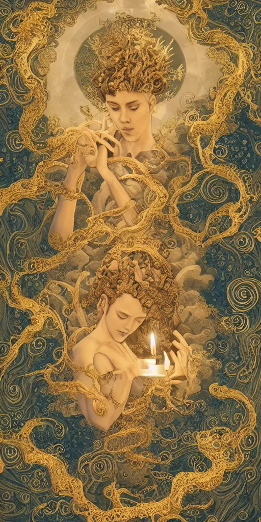 Prompt: masterpiece with intricate designs, tarot card, a mandelbulb fractal scarlett johansson, southeast asian diety statue, full of golden layers, flowers, clouds, vines, mushrooms, swirls, curls, wave by Hokusai and Mike Mignola, trending on artstation, elaborate illustration, beautiful hands close to a candle in dark room, cinematic, powerful, moon beams dramatic light, highly, intricate elements, detailed, digital painting, artstation, concept art, sharp focus, illustration, art by artgerm