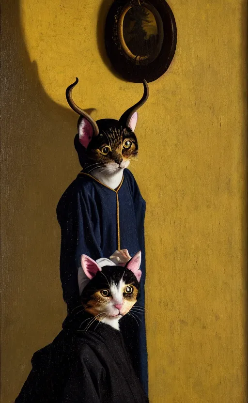 Image similar to a bipedal cat that has goat horns, anthropomorphic cat that is wearing robes, oil painting, by johannes vermeer, dnd, character reveal, cosmic, magical, fog, noble, full body portrait, intricate, ornate, extremely detailed, cult, ritual, 4 k, 8 k