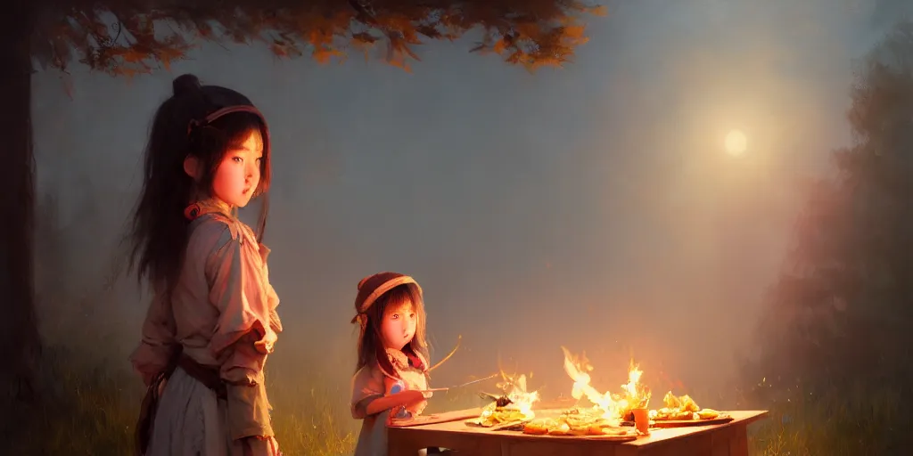 Prompt: big - eyed brunette sweet little girl looking sad in front of barbecue near tent at camp, extremely detailed digital painting, in the style of fenghua zhong and ruan jia and jeremy lipking and peter mohrbacher, mystical colors, rim light, beautiful lighting, 8 k, stunning scene, raytracing, octane, trending on artstation