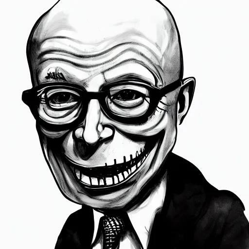 Image similar to grunge drawing of Klaus Schwab in the style of jack skellington and Jacob Shaw,creepy, surreal, trending on artstation, bold and vivid colour