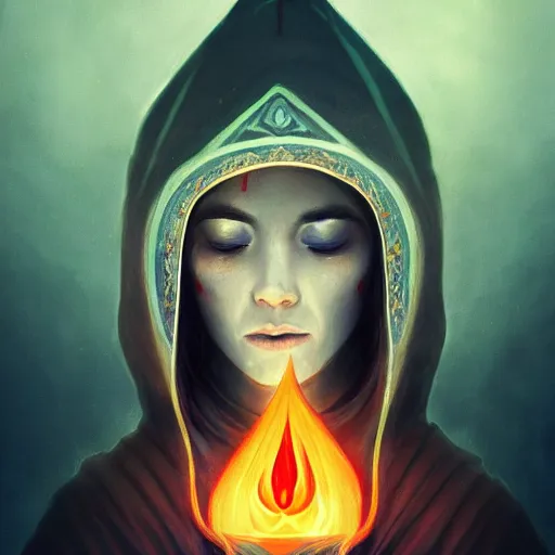 Image similar to ( a priestess with a hood that covers half her face carries an incense burner that emits a pleasantly colored flame. ) by anato finnstark, photorealistic, full body portrait, dynamic lighting, beautiful, trending on artstation, wallpaper, 4 k, award winning, digital art, very detailed faces