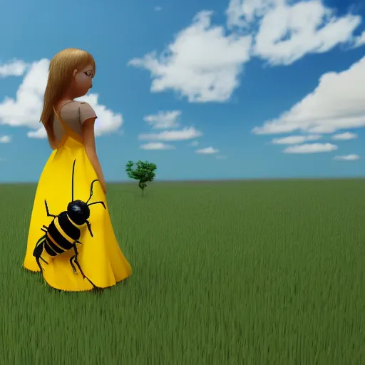 Image similar to a girl in a yellow dress riding a giant bee in the field, trending on artstation