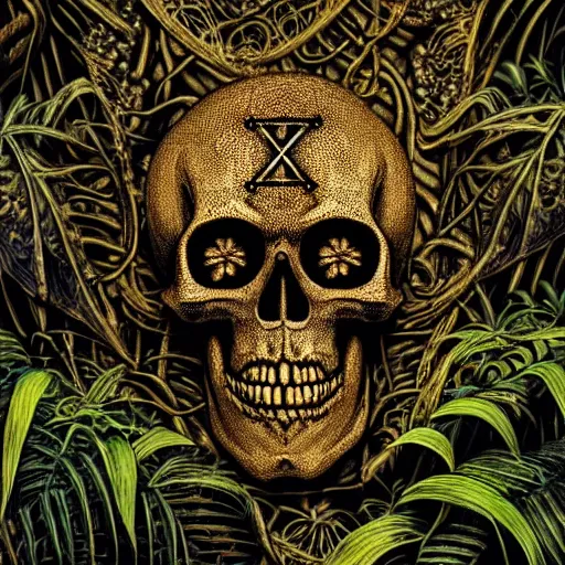 Image similar to chiaroscuro Still life photo of ray of light shining on golden skull completely etched with detailed and intricate ancient rune symbols, and overtaken by plant ivy filigree, in a Vast jungle background, by ayami kojima