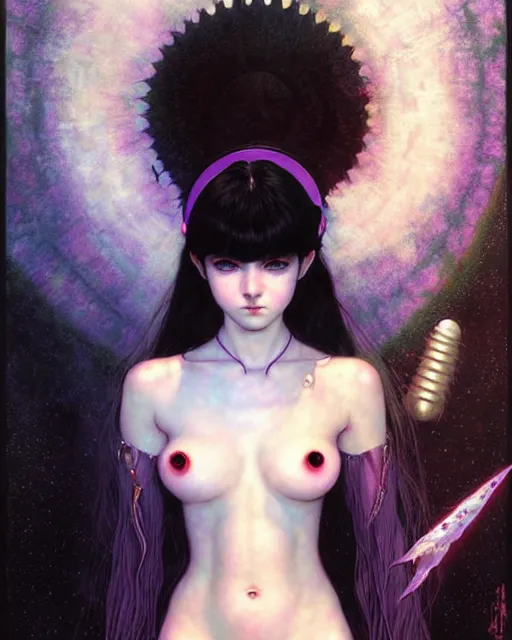 Prompt: portrait of beautiful cute young goth maiden girl with short white hairs in warhammer bikini armor, art by ( ( ( kuvshinov ilya ) ) ) and wayne barlowe and gustav klimt and artgerm and wlop