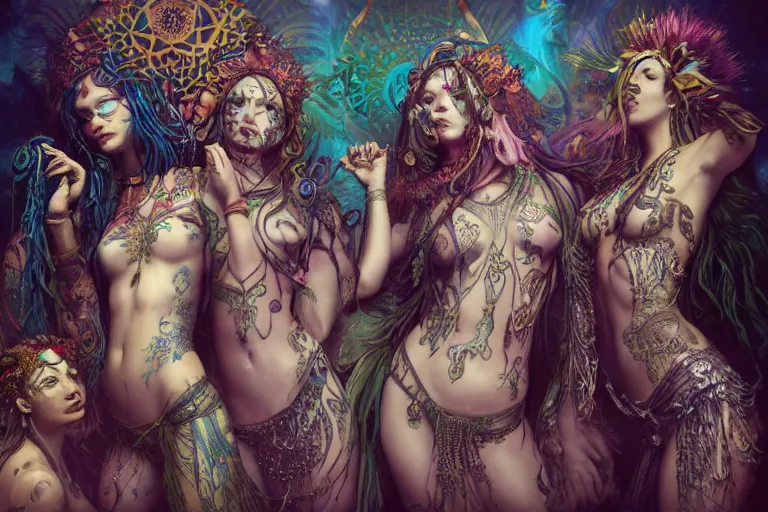 Prompt: a centered render of a harem alluring festival hippies with tribal tattoos surrounded by a underwater ink pour and flowing liquid galium and sacred geometry, perfect body face and hands, powerful, cinematic, beautifully lit, by artgerm, by karol bak, by donato giancola, 3 d, trending on artstation, octane render, 8 k