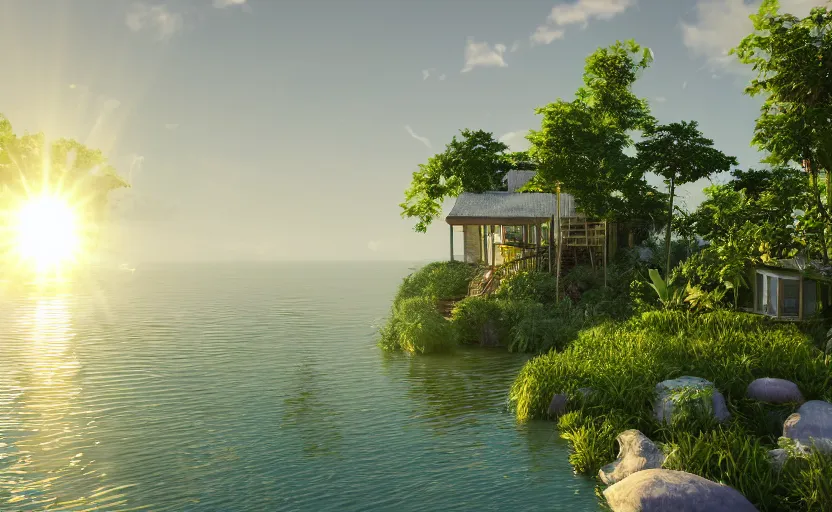 Image similar to photorealistic aetherpuinlberpunk lakehousein a lush dessert oasis. daylight. sunlight. lens flare. light fixtures. 8K. detailed. photorealism. artstation. 25mm f/1.7 ASPH Lens. ultra realistic